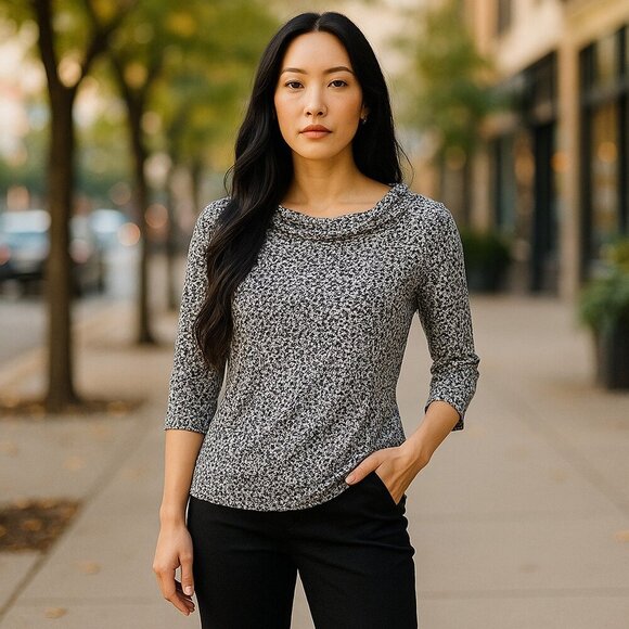 NWT Liz Claiborne SZ PS GRAND SPORTIF Women's Stretch Top Black White - Picture 1 of 9